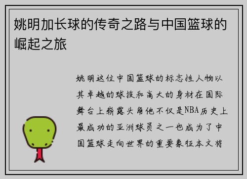 姚明加长球的传奇之路与中国篮球的崛起之旅